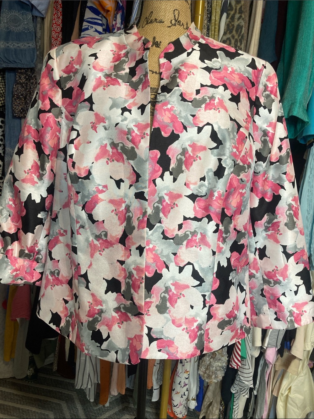 Kasper 16W Pink & Black Abstract Floral Open-Front Blazer Jacket